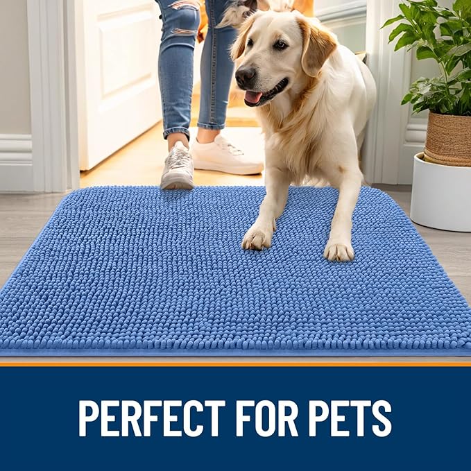 OLANLY Dog Door Mat for Muddy Paws 34x21, Absorbs Moisture and Dirt, Absorbent Non-Slip Washable Doormat, Quick Dry Chenille Mud Mat, Entry Indoor Entryway Carpet for Inside Floor, Cornflower Blue