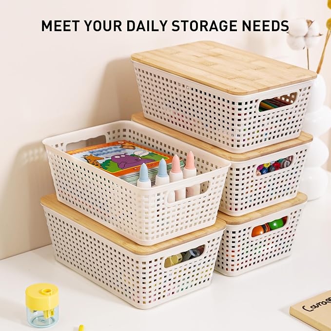 Small Storage Bins with Lids 6 Packs, Plastic Storage Basket with Bamboo Lid for Pantry Organization and Storage Containers for Shelves Drawers Desktop Closet Playroom Office Home, White