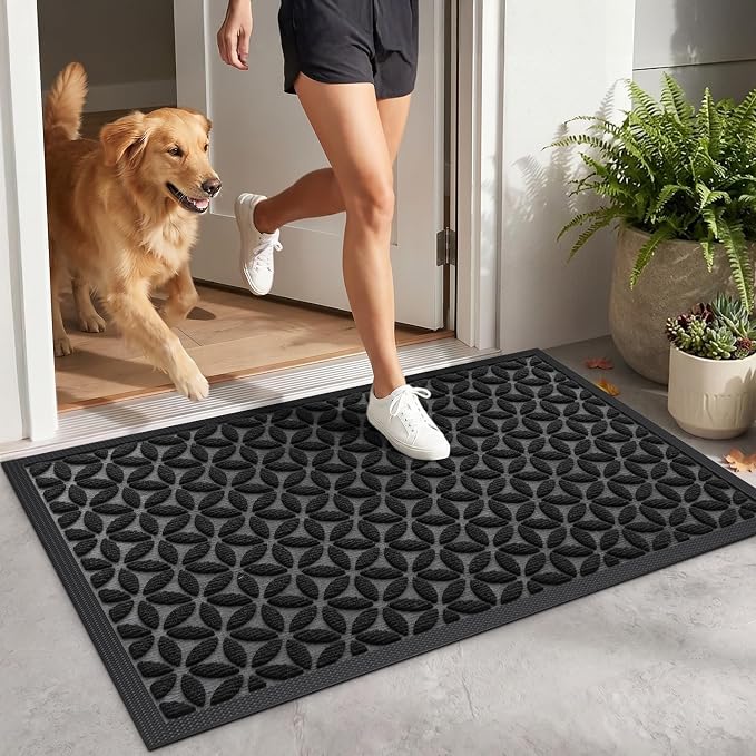 DEXI Front Door Mat Outside Entrance, 2x3 Heavy Duty Entry Doormat Dirt Trapper with Rubber Back, Non Slip Low Profile Floor Mats for Entryway Exterior Patio, Hexafoil Floral