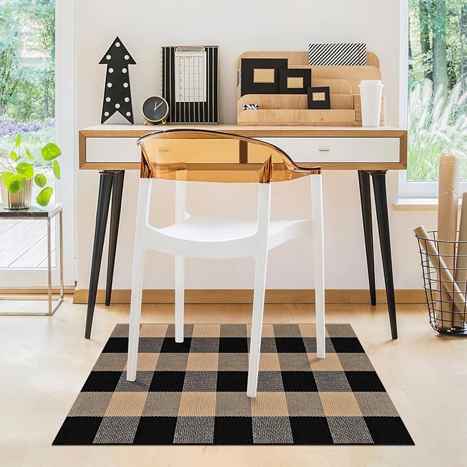 Buffalo Plaid Rug 2x3 Brown and Black Checkered Rug Grid Indoor Outdoor Doormat Porch Layering Carpet Cotton Woven Washable Area Mat for Patio Entryway Farmhouse Decor