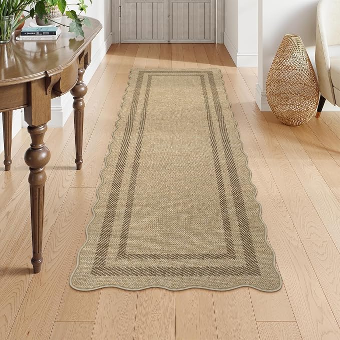 LIVEBOX Scalloped Washable 2x6 Kitchen Runner Rug, Easy Jute Geometric Tan Rugs for Entryway Hallway, Indoor Outdoor Non Slip Rug Farmhouse Modern Carpet Door Mat for Porch Bedroom Laundry Room