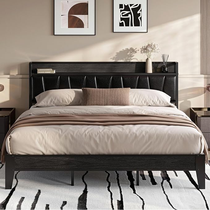 LIKIMIO King Bed Frame, PU Leather Storage Headboard with Charging Station, Solid and Stable, Noise Free, No Box Spring Needed, Easy Assembly, Black