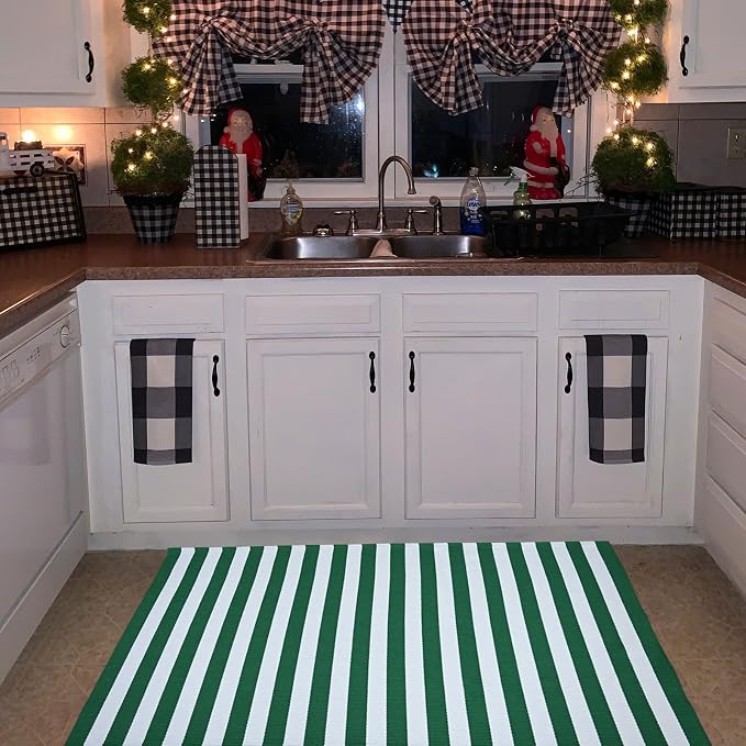 Green & White Striped Rug, 3' x 5' Indoor/Outdoor Area Rug for Front Porch, Entryway, Machine Washable Cotton Woven Welcome Door Mat