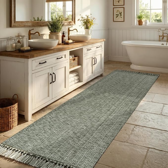 Collive Sage Green Kitchen Runner Rug, Modern Farmhouse Hallway Runner Rug Boho Washable Bathroom Rugs, 2.6' x 8' Braided Entry Hall Carpet for Laundry Bedroom Decor