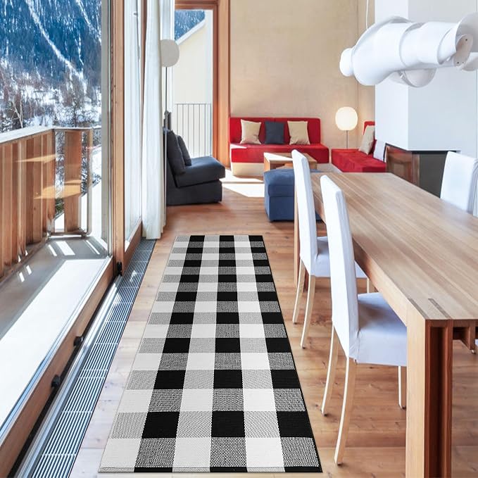 Buffalo Plaid Runner Rug 2x6 Feet Black and White Checkered Runner Rug Cotton Woven Farmhouse Floor Mat Washable Rugs for Hallway Kitchen Laundry Bedroom Living Room