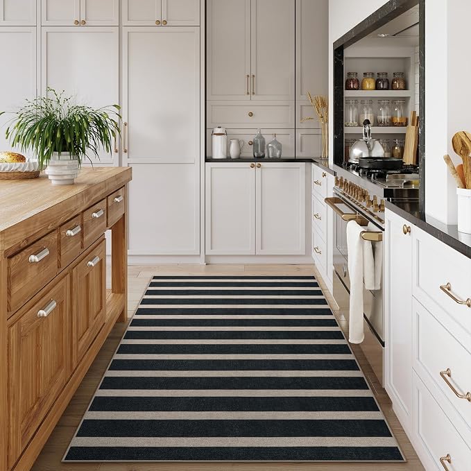 Lahome Striped Easy Jute 3x5 Outdoor Patio Rug, Washable Rugs for Porch | Entryway Indoor Living Room Black Area Rug, Geometric Modern Farmhouse Neutral Door Mat, Non Slip Carpet for Backyard