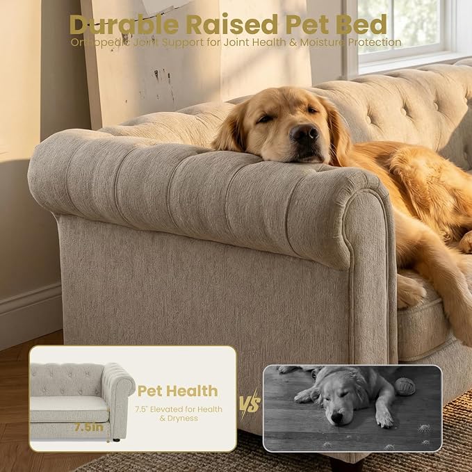 Elevated XL Large Dog Sofa with Backrest and Armrests, 55" Button Tufted Dog Couch Bed with Soft Cushion for Large Dogs, Stylish Lounging Bed Pet Couch Chair, 120Lbs Weight Capacity, Beige