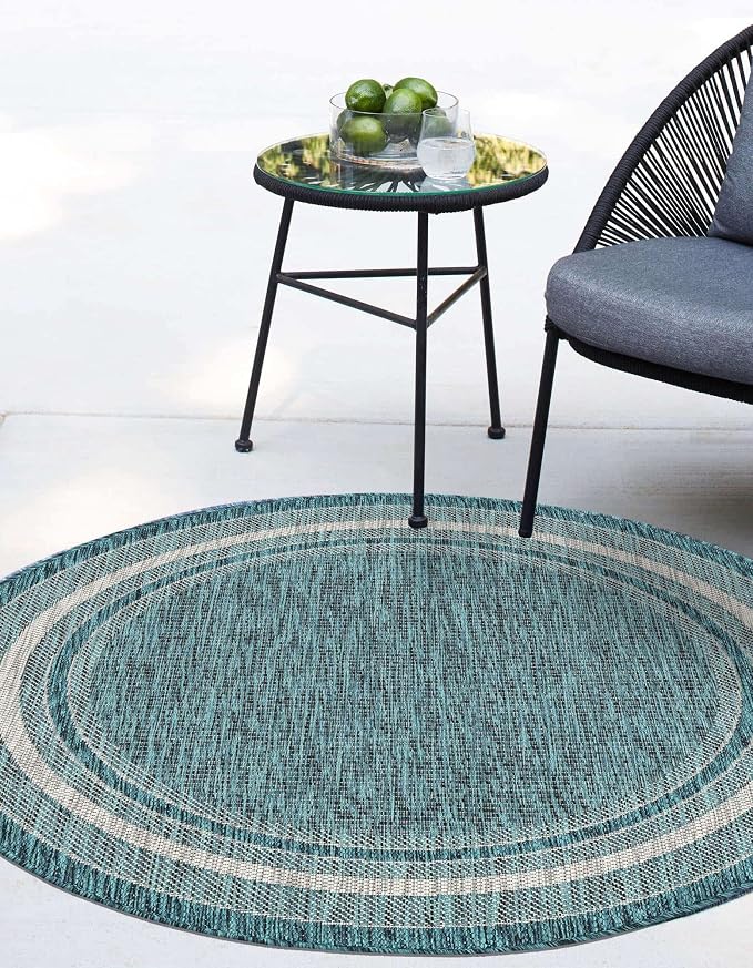 Unique Loom Outdoor Border Collection Area Rug - Soft Border (3' 1" Round, Teal/ Ivory)