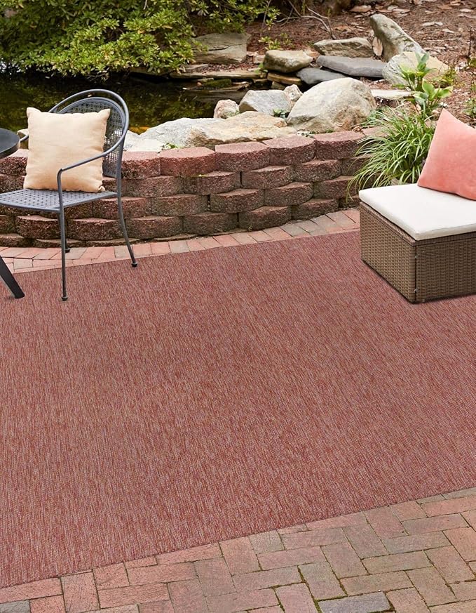 Unique Loom Collection Casual Transitional Solid Heathered Indoor/Outdoor Flatweave Area Rug (13' Square, Rust Red/Beige)