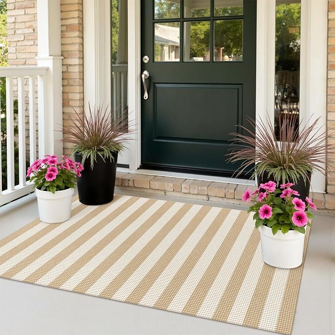Rugalia Washable Woven Entryway Rug 3x5, Natural Beige Striped Cotton Indoor Outdoor Doormat Low Plie Non-Slip Kitchen Mat, Modern Neutral Floor Carpet for Porch Living Room Bedroom Patio