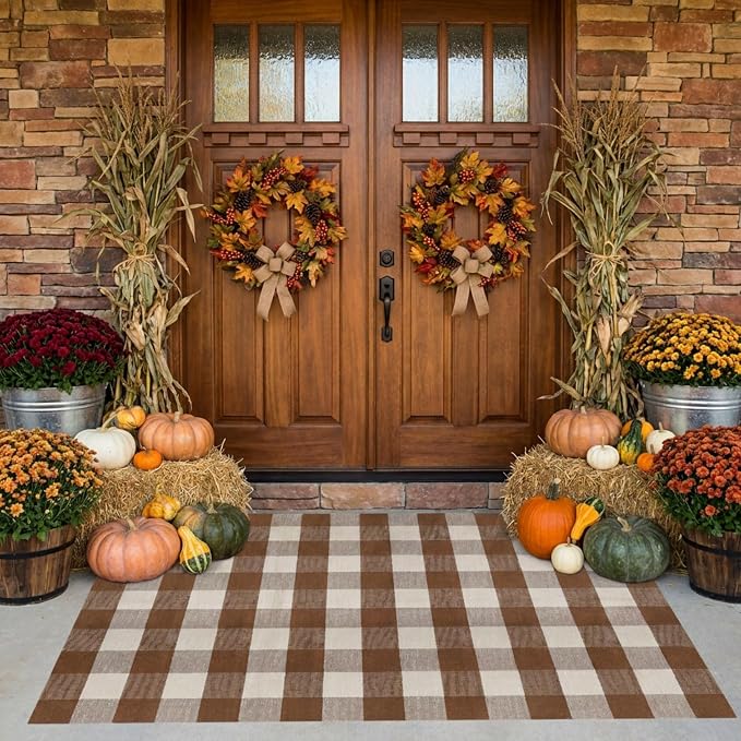 Buffalo Plaid Outdoor Rug 4x6 Ft Coffee and White Checkered Area Rug Washable Fall Indoor Outdoor Rugs for Entryway,Hallway, Kitchen, Living Room, Dining Room, Bedroom