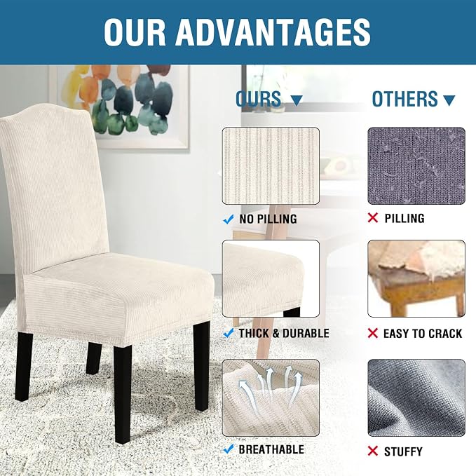 H.VERSAILTEX Velvet Dining Chair Covers Stretch Chair Covers for Dining Room Set of 4 Parson Chair Slipcovers Chair Protectors Covers Dining, Soft Thick Solid Velvet Fabric Washable, Ivory Striped