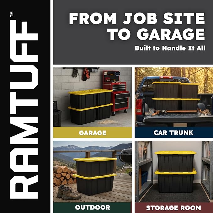 Ramtuff 4 Pack Heavy Duty Stackable Storage Container with Snap-Tight Lid, Resistant To Weather Organization Tote, 27 Gallon, Black and Yellow