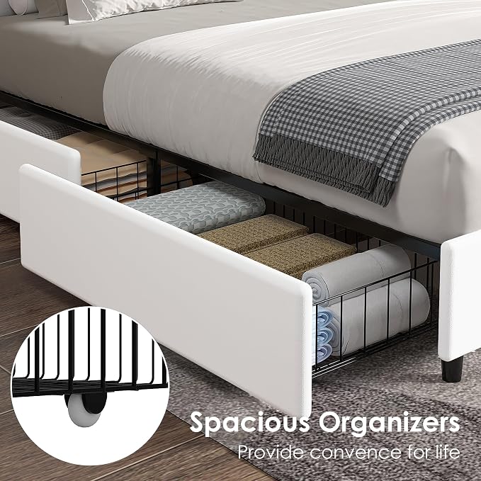VECELO Queen Size Upholstered Bed Frame with 4 Storage Drawers, Adjustable Velvet Rivet Decor Headboard, Wooden Slats Platform Support, No Box Spring Needed, Easy Assembly,White