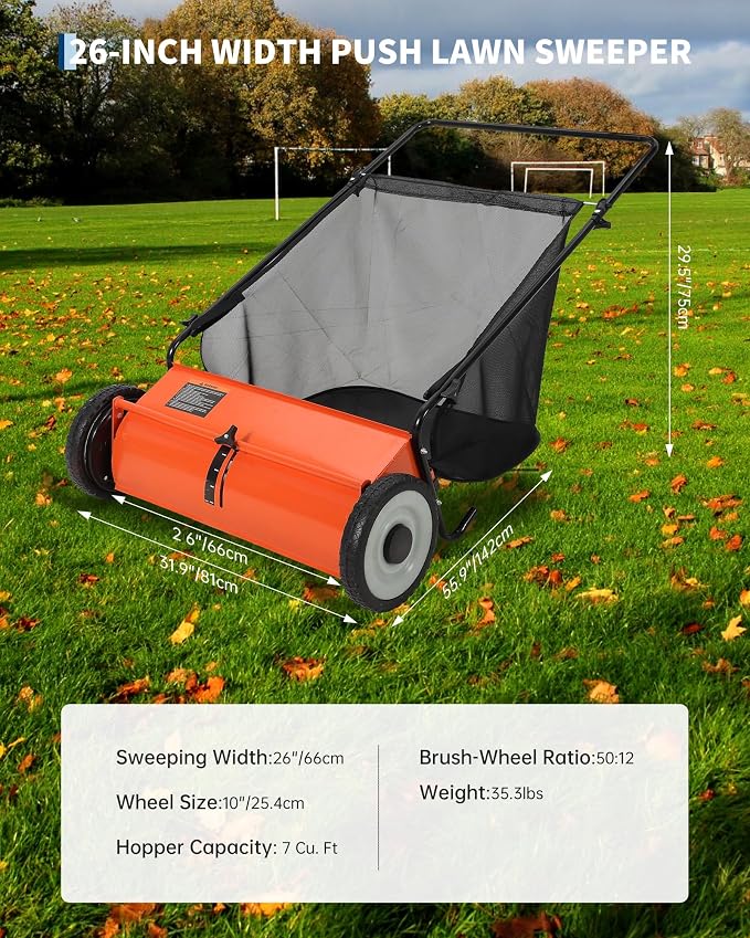 26-Inch Extra-Wide Push Lawn Sweeper with 4-Brush System,7 Cu.ft. Heavy-Duty Mesh Bag Collector, Height-Adjustable Manual Push Sweeper for Leaves, Grass Clippings & Yard Debris, Durable Steel Frame