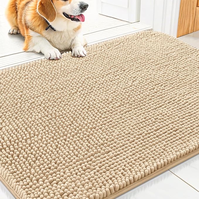 Smiry Dog Door Mat for Muddy Paws 30x17, Absorbent Dirt Trapper, Non-Slip Washable Chenille Entryway Rug for Inside Floor, Beige, Classic Solid