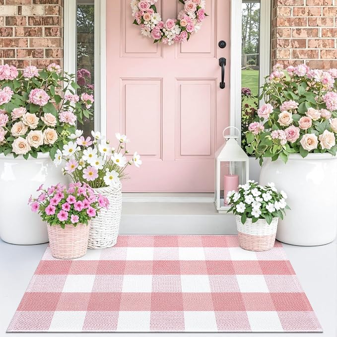 OLANLY Buffalo Plaid Rug 2' x 3' (24" x 36") – Pink and White Cotton Checkered Doormat, Washable Indoor Outdoor Rug for Layered Front Porch, Kitchen, Entryway Decor