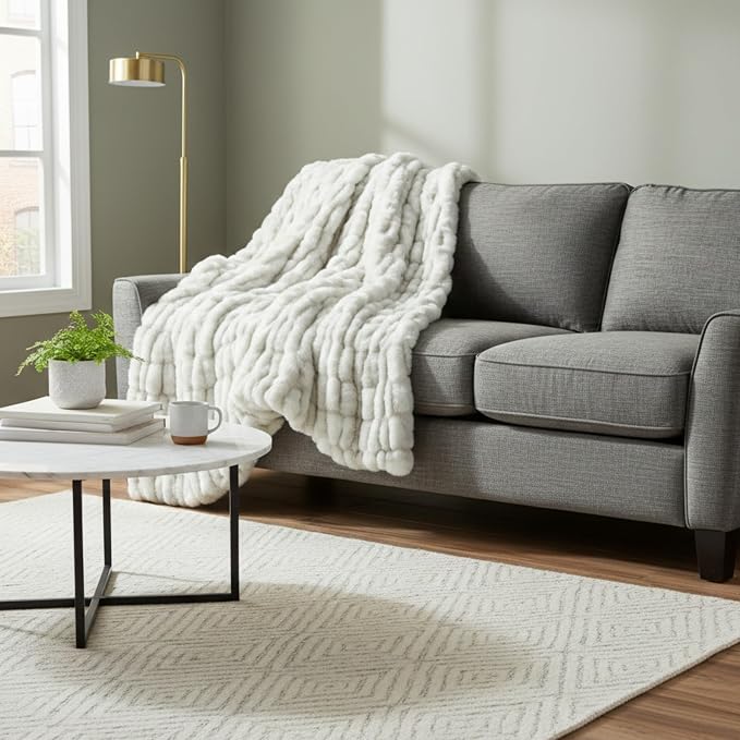 Lavish Home Oversized Ruched Faux Fur Blanket - 60x80-Inch Jacquard Faux Fur Queen-Size Throw for Sofas and Beds - Luxurious Bedding (Gray) | Machine Washable Jacquard Faux Fur Queen Size Throw for Sofas and Beds, Luxurious Bedding