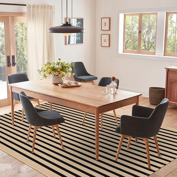 IOHOUZE Striped Area Rug 5'x7' Indoor Outdoor Rug, Washable Area Rug for Living Room, Large Patio Rug, Cotton Striped Rugs for Patio Living Room Bedroom, Tan/Black