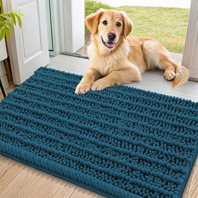 Smiry Dog Door Mat for Muddy Paws 34x21, Absorbent Dirt Trapper, Non-Slip Washable Chenille Entryway Rug for Inside Floor, Atlantic Blue, Layered Pattern
