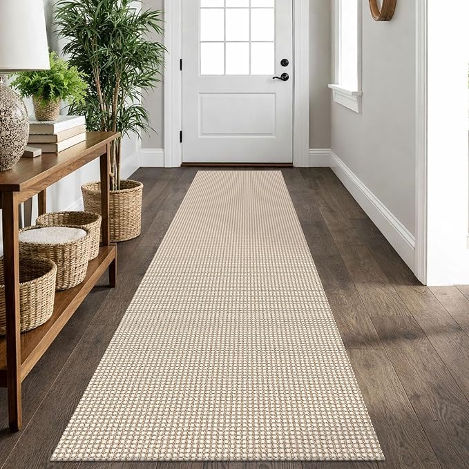 IOHOUZE Washable Runner Rug 2x10 Non Slip Rubber Backed Long Hallway Runner Entryway Runner Indoor, Kitchen Rugs Woven Cotton Floor Carpet for Hall Entrance, Cream/Beige