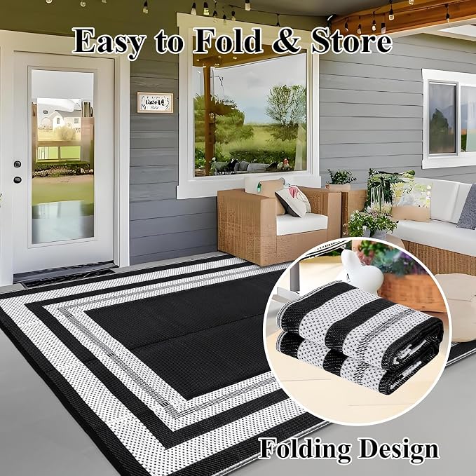 Outdoor Rug 9x18ft Waterproof Reversible Large Modern Black and White Plastic Straw Carpet Lightweight Washable for Patio RV Camping Deck Porch Balcony Backyard Picnic