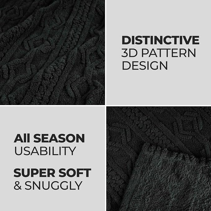 Superior Fleece Boho Jacquard Blanket, Decorative Blankets for Bedroom, Sofa, Fuzzy, Plush, Fluffy, Soft, Cute Room Decor, Beautiful Cover, Comfort Essentials, Arctic Collection, Throw, Black