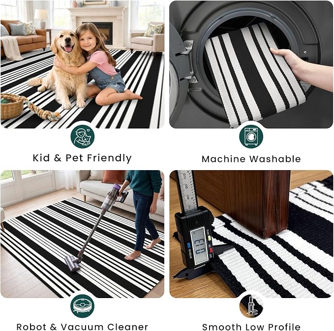 KOZYFLY 4x6 Black White Striped Rug Front Door Rug Cotton Woven Washable Indoor Outdoor Rugs Entrance Layered Doormat for Front Porch Kitchen Patio Farmhouse Carpet