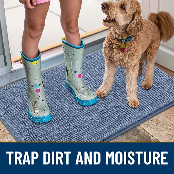 Smiry Dog Door Mat for Muddy Paws 36x24, Absorbent Dirt Trapper, Non-Slip Washable Chenille Entryway Rug for Inside Floor, Airy Blue, Classic Solid