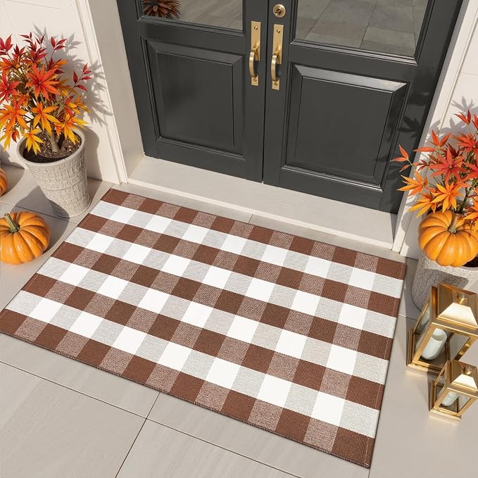 Buffalo Plaid Checkered Rug Fall Washable Outdoor Rug 3'x5' Front Door Mat | Small Porch Rug Carpet Cotton Door Mat Outside Entrance Autumn Layered Doormats for Patio Farmhouse Entryway Kitchen Foyer