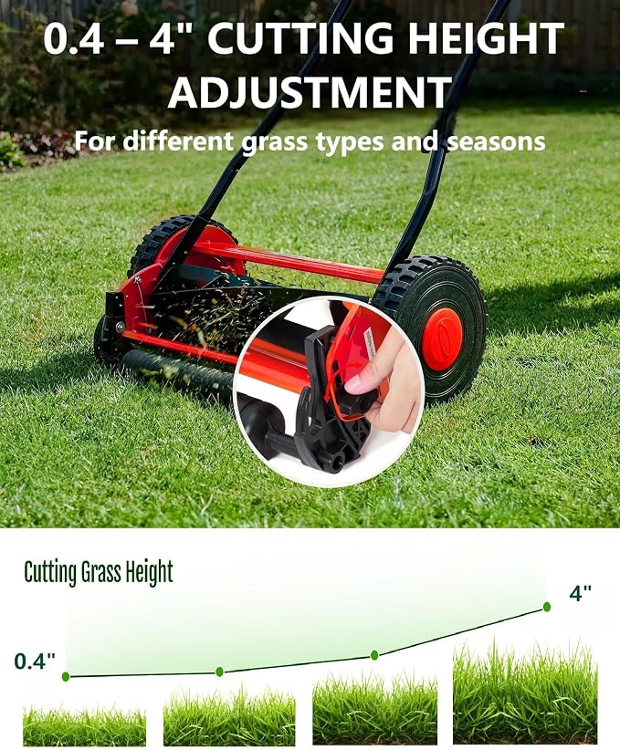16" Hand Push Lawn Mower, Push Reel Lawn Mower for Small to Medium Yards | 5-Blade Manual Lawnmower with Adjustable Cutting Height, Manual Walk-Behind Lawn Mower for Quiet Eco-Friendly Mowing