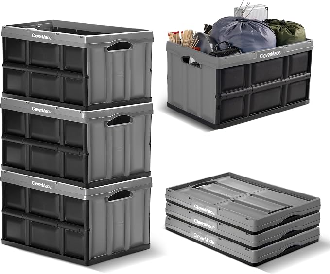 CleverMade Collapsible Storage Bins, 46L, 3 Pack, Ocean | Each bin supports 75 lb for groceries, tools, or gear. Interlocking bases stack securely, and the bins fold to 2.75 inches.