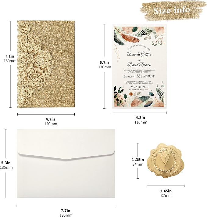 DORIS HOME 50Pcs Personalized Laser Cut Wedding Invitations, Gold Glitter | 4.7"x7.1", Customized Anniversary Invitations, With Envelopes