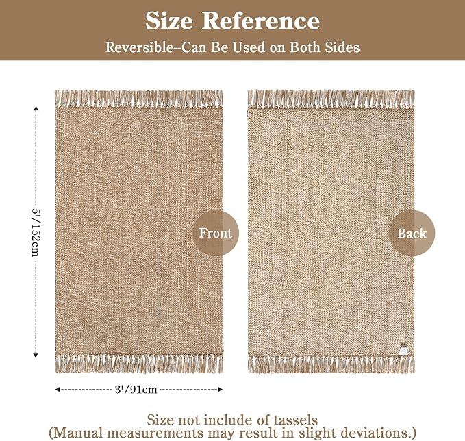 Collive 3' x 5' Indoor Outdoor Porch Rug, Modern Farmhouse Entryway Rug Boho Front Door Mat, Tan Hand-Woven Washable Kitchen Rugs for Patio Bedside Nursery Decor