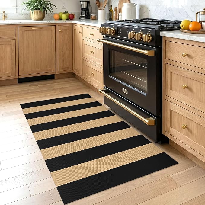 KOZYFLY Striped Rug 2.3x3.6 ft Front Door Mat Brown and Black Cotton Woven Washable Indoor Outdoor Rug for Entryway Porch Kitchen Patio Decor Small Area Rugs