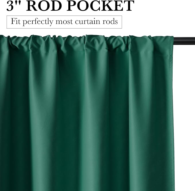 RYB HOME Bedroom Blackout Curtains 72 inches Long, 100% Blackout Thermal Insulated Noise Reducing Curtains for Living Room Nursury, 34 inches Wide by 72 inches Long, Dark Green