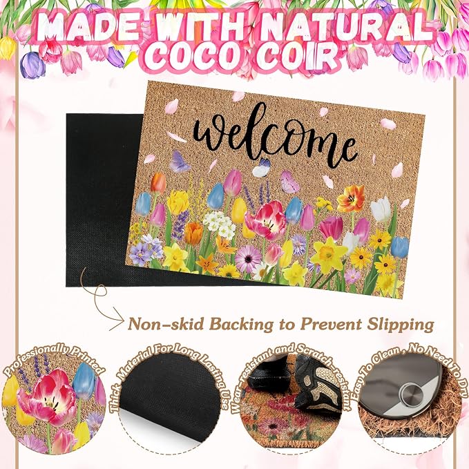 Ceenna Spring Welcome Doormat Outdoor Tulips Flower Coir Doormat Spring Front Door Mat with Non Slip Backing Front Porch Rugs Outdoor Decor for Home Entrance, 16 x 28 Inches