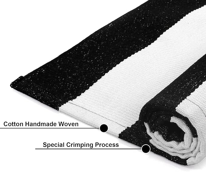 LEEVAN Black and White Outdoor Rug 2.3' x 3.6', Washable Striped Front Porch Rugs, Cotton Woven Layered Front Door Mat, Farmhouse Entryway Rug Reversible Foldable Indoor Doormat for Layered