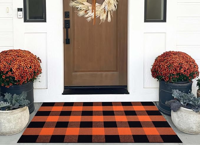 Fall Layered Doormat 27.5 x 43 inch,Orange and Black Plaid Rug Cotton Woven Washable Front Door Mat Outdoor Checkered Area Rug for Porch,Entryway,Farmhouse,Halloween,Indoor,Outdoor