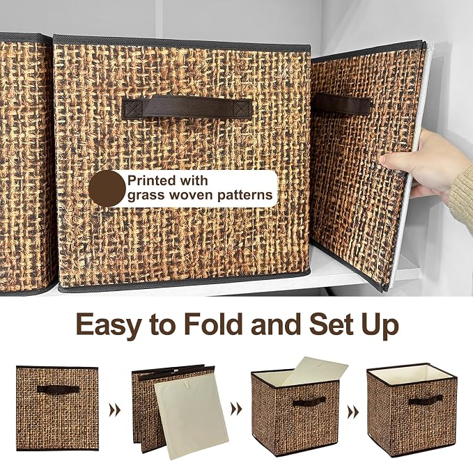homyfort 11x11 Cube Storage Bins - Fabric Cubby Bins with Dual Handles, Collapsible Storage Organizer for Shelf, Closet, Nursery, Set of 6 (PRINTING instead of Real Rattan Weaving)