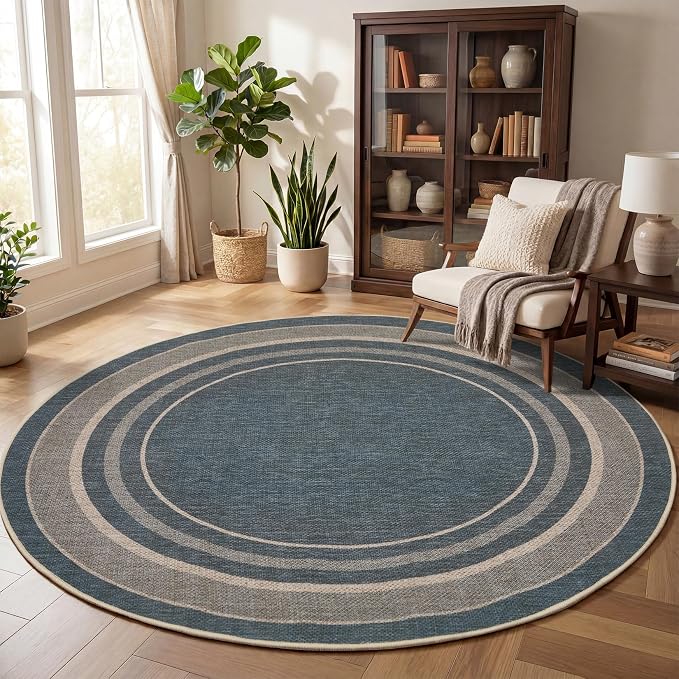 GarveeHome 6ft Washable Round Rug Large Bedroom Easy Jute Area Rugs | Modern Solid Non Slip Living Room Circle Rugs Stain Resistant Carpet Indoor Round Rugs for Kitchen Nursery Entryway, Blue
