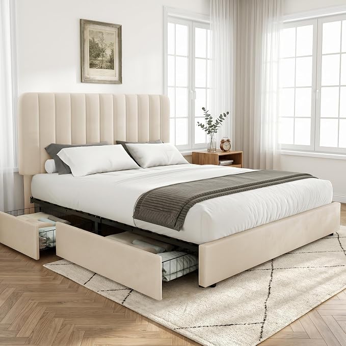VECELO Full Size Upholstered Bed Frame with 4 Drawers and Headboard, Velvet Platform Storage Bedframe, Wooden Slats Support, No Box Spring Needed,Beige