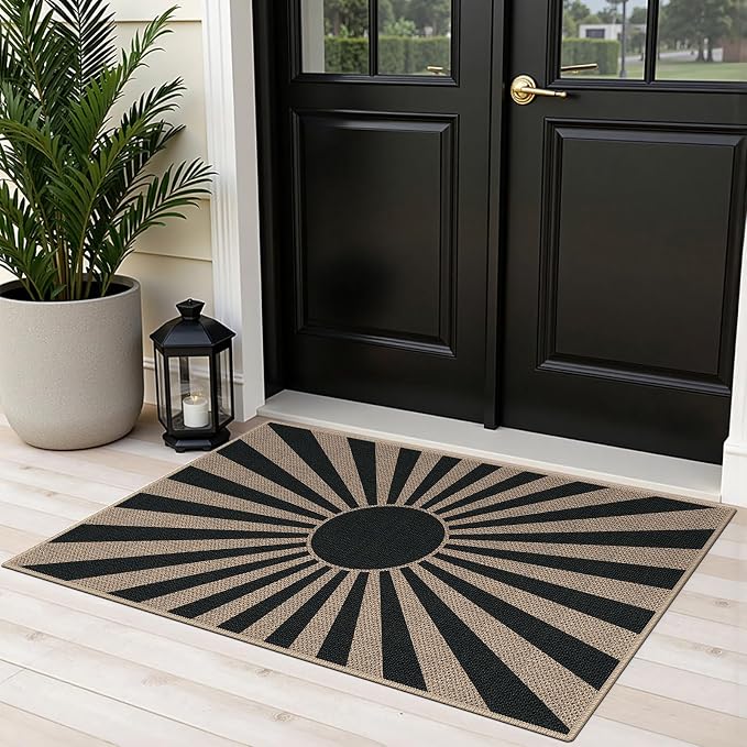 Easy Jute 2x3 Black Sun Area Rug,Washable Boho Entryway Rug, Small Modern Door Carpet,Neutral Non-Slip Outdoor Indoor Farmhouse Rug for Kitchen Patio Entry Porch