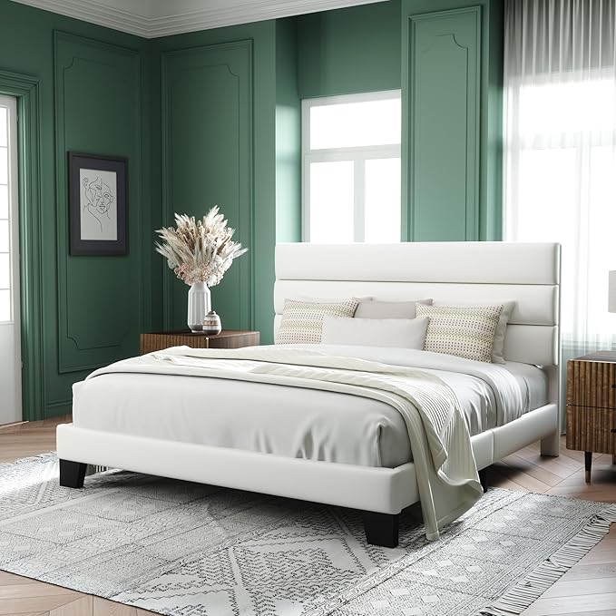 Allewie King Size Platform Bed Frame with Velvet Upholstered Headboard | Wooden Slats Support, Fully Upholstered Mattress Foundation, No Box Spring Needed, Easy Assembly, Noise-Free, White
