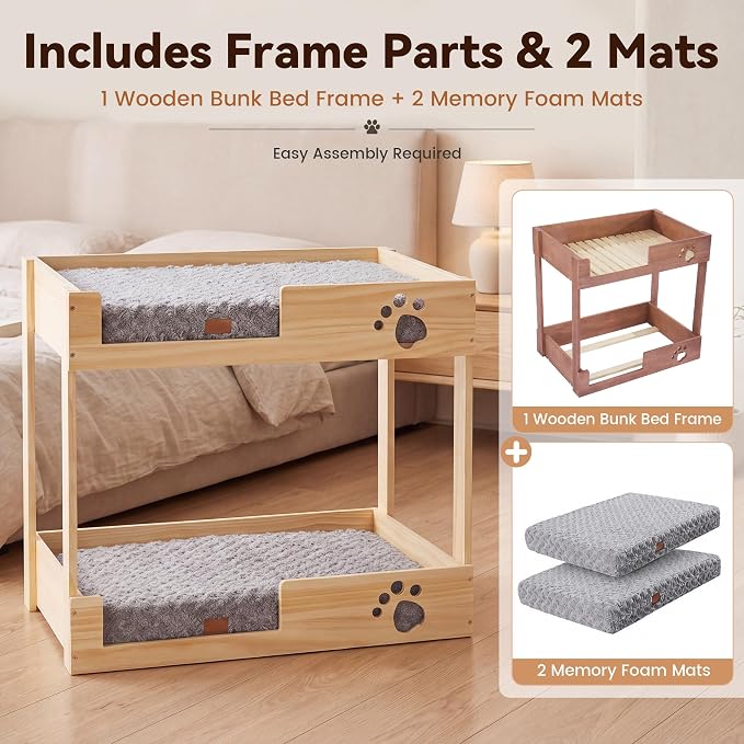 BALAPET Wooden Bunk Dog Bed with 2 Memory Foam Beds | Modern Pet Furniture, Waterproof Liners, Washable Covers, 31.1 x 20.9 x 29.9 in, Bedside Window Perch, For Medium Dogs & Cats