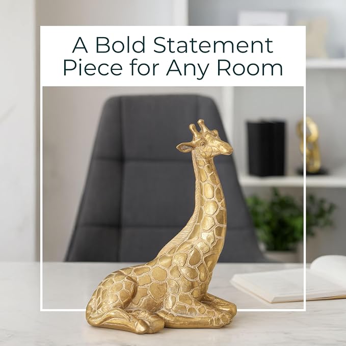Sitting Giraffe Decorative Figurine – Tall Animal Resin Decor & Sculpture Accent – Figurines & Sculptures Home Decor for Office, Bedroom, Living Room – 7.5" x 10", Gold