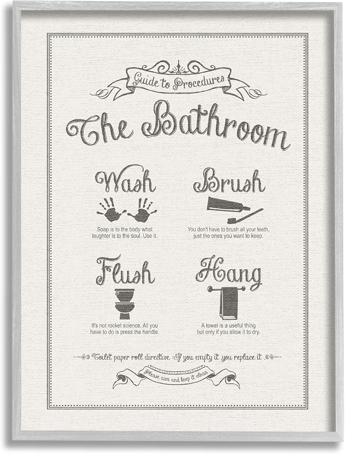 Stupell Industries 'Guide to Bathroom Procedures Linen Look', Framed Giclee Art, Gray, 24 x 30 Inches, Easy to Hang and Sturdy, Made in USA, by Lettered and Lined