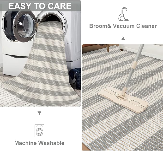 LEEVAN 3x5 Outdoor Rug for Porch, Washable Striped Welcome Front Porch Mat | Outside Entryway Patio Rug, Woven Doormat Grey and White Buffalo Backyard Layered Mat for Entrance/Balcony/Apartment