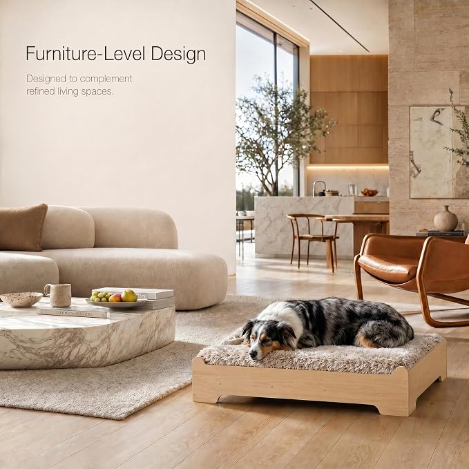 Elevated Wooden Dog Bed with Foam Mattress, Natural Wood, Medium | Raised Dog Bed with Washable Cover and Supportive Foam Mattress, Crafted for Medium Dogs and Modern Homes