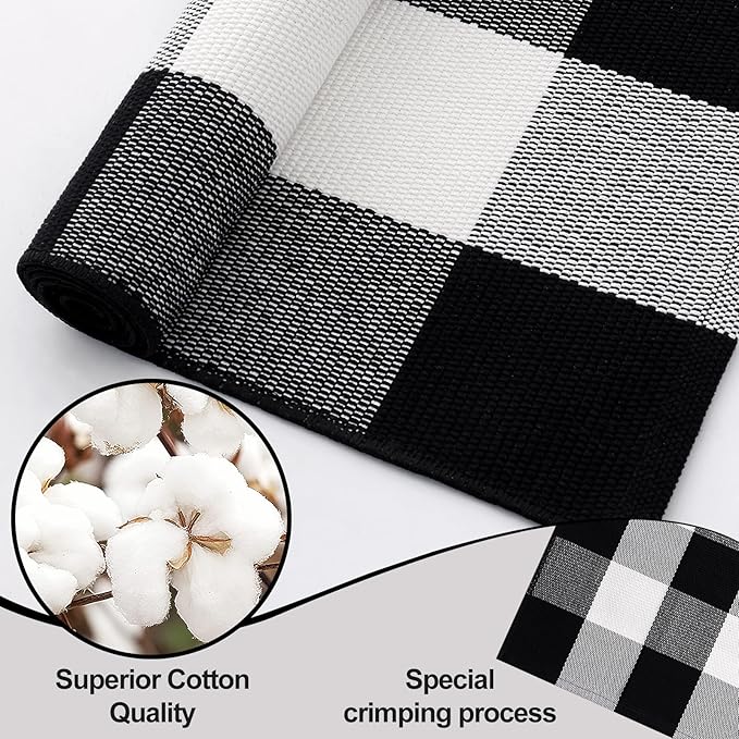 OLANLY Buffalo Plaid Rug 2' x 6' – Black and White Cotton Checkered Doormat, Washable Indoor Outdoor Rug for Layered Front Porch, Kitchen, Entryway Decor